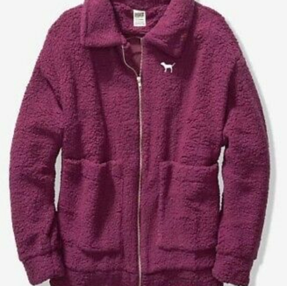PINK boyfriend sherpa jacket (red/burgundy) - Picture 1 of 1